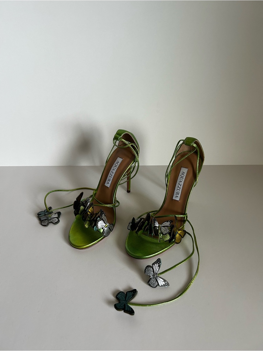Aquazzura Lime Green Butterfly Lace-Up Stiletto Sandals